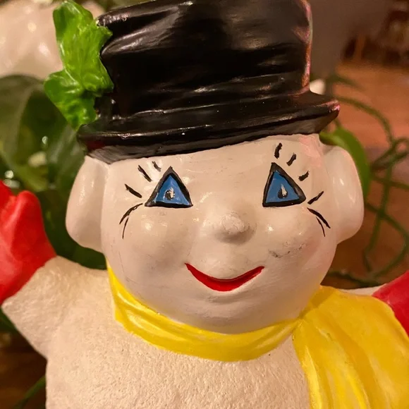 Vtg Hand Painted Ceramic Frosty Snowman Mold Candy Dish Signed Top Hat Scarf